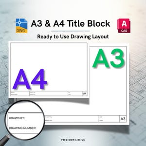 May include: A digital graphic displaying A3 and A4 title blocks for CAD drawings. The image features a purple A4 label, a green A3 label, and a magnifying glass highlighting the text fields for Drawn By and Drawing Number on the layout.