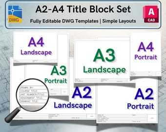 AutoCAD Title Block Template Bundle – A2/A3/A4/Portrait/Landscape, Editable DWG (Digital Download)
