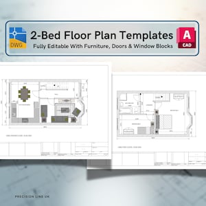 May include: A digital set of 2-Bed Floor Plan Templates in DWG and CAD formats. The document features fully editable architectural layouts including furniture, doors, and window blocks for a ground floor and first floor, labeled Precision Line UK.