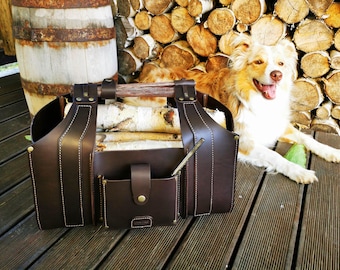 Leather Firewood Carrier / Brown Vegetable Tanned Log Holder / Handmade Sturdy Fireplace Basket / Durable and Elegant Fireplace Tote