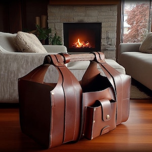 May include: A brown leather tote bag with a wooden handle. The bag has two main compartments and a front pocket with a button closure. The bag is sitting on a wooden floor in front of a fireplace.