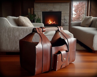 Leather Firewood Carrier, Cognac Vegetable-Tanned Log Holder Basket