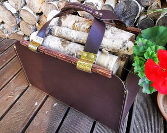 Leather Firewood Carrier / Brown Vegetable Tanned Log Holder / Handmade Sturdy Fireplace Basket / Durable and Elegant Fireplace Tote