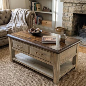 May include: A two-drawer wooden coffee table with a dark brown top and a lighter, distressed frame. A book, a bowl of decorative items, and a mug are on the table. The table is set on a woven rug. The table's dimensions are approximately 120 cm long.
