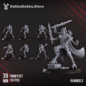 May include: A collection of gray miniature figures, including several small humanoid robots and a larger, detailed warrior model. The figures are displayed on black bases. The text "39 MM FROM FEET TO EYES" and "10 MODELS" is also visible.