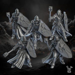May include: Five grey miniature figurines of armoured knights, each holding a weapon and shield. The knights wear helmets and long cloaks. The shields have a decorative emblem. The background is a dark, cloudy sky.