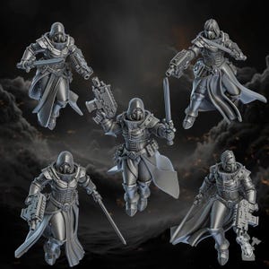 Può includere: Cinque dettagliate miniature di personaggi corazzati con elmetti con cappuccio e maschere antigas. Ogni figura è armata con un'arma, una spada o una pistola futuristica. Le figure sono in una posa dinamica a mezz'aria, che suggerisce azione.