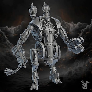 May include: A grey, mechanical robot figure with a steampunk design. The figure features a large torso, articulated limbs, and two torch-like structures on its back. It is armed with two large weapons and has a detailed, industrial design.