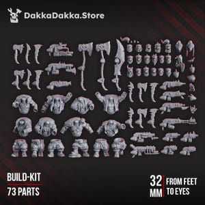May include: A collection of 73 gray plastic miniature parts for a build-kit, including weapons, armor, and character heads. The text "Build-Kit 73 Parts" is visible. The height of the figures is 32 mm from feet to eyes. The DakkaDakka.Store logo is in the top left.