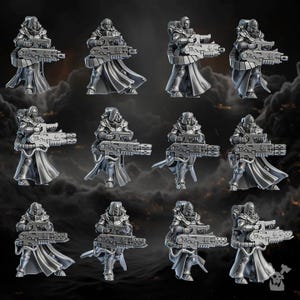 Pode incluir: Uma coleção de figuras em miniatura, cada uma retratando uma figura vestida com uma grande arma. As figuras são de cor cinza neutra, com armaduras detalhadas e vestes esvoaçantes. O fundo é um céu escuro e nublado.