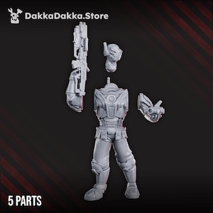 May include: A gray, unassembled miniature figure with a futuristic design. The figure is broken down into five parts, including a helmet, torso, legs, arm with a weapon, and a separate hand. The text "5 PARTS" is visible at the bottom.