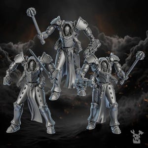 May include: A collection of gray, futuristic warrior figurines. Each figure is armored and equipped with weapons such as a sword, mace, and blasters. The figures are posed against a dark, cloudy background, suggesting a science fiction or fantasy theme.
