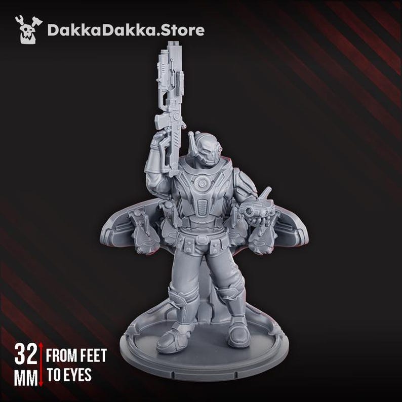May include: A gray, 3D-printed miniature of a futuristic soldier holding a large gun. The figure is wearing detailed armor and a helmet. The text "32 MM FROM FEET TO EYES" is visible. The DakkaDakka.Store logo is in the top left corner.
