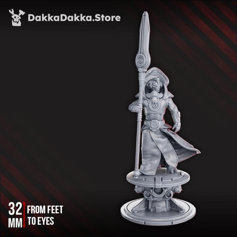 May include: A gray 3D-printed figurine of a futuristic character holding a staff. The figure is 32 mm tall from feet to eyes. The character is wearing a hooded outfit with a mask and armor. The figurine is standing on a circular platform. The DakkaDakka.Store logo is in the top left corner.