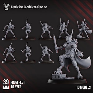 May include: A collection of ten gray miniature models of futuristic warriors, each posed with weapons and armor. The models are approximately 39 mm tall. The DakkaDakka.Store logo is in the top left corner.
