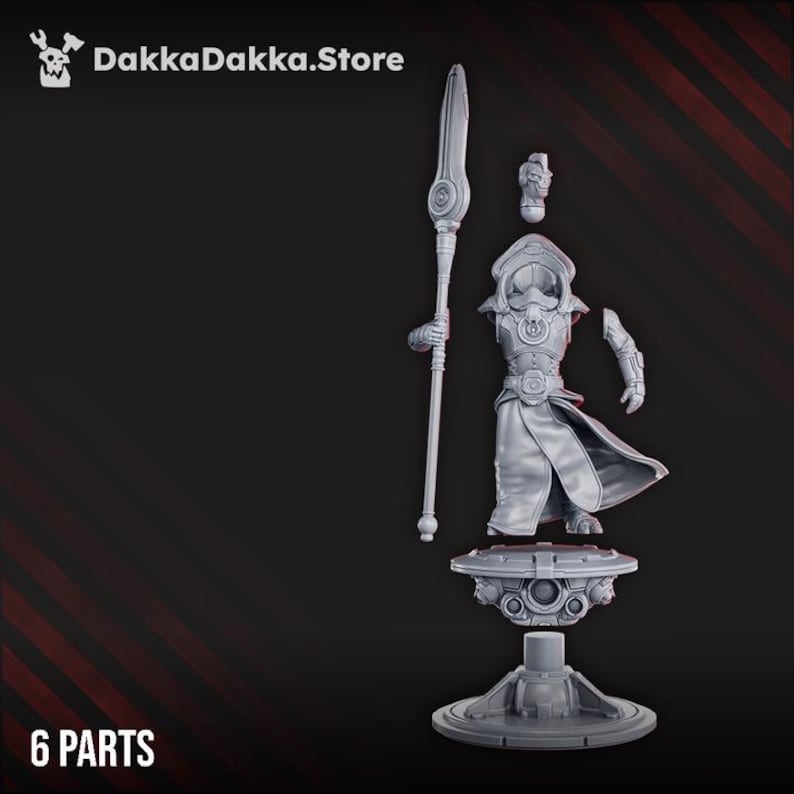 May include: A disassembled gray figurine of a futuristic warrior, featuring a spear, helmet, torso, arm, and base. The figurine is composed of six parts and is set against a dark background. The store logo "DakkaDakka.Store" is in the top left corner.