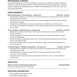 May include: A resume for Isabel Navarro, a Mechanical Engineer. The document includes a professional summary, work experience, education, and additional information. The resume lists skills such as CAD, FEA, and programming in Python and MATLAB.