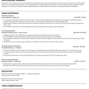 May include: A professional resume for Steven Miller, featuring a summary of his experience in technology, finance, and retail. The resume highlights his work experience as a Mechanical Engineer, Chief Operating Officer, and VP of Retail Operations & Strategy. It also includes his education and core competencies.