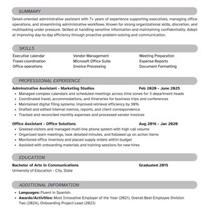 May include: A resume for Maureen Flores, an administrative assistant. The resume highlights skills like executive calendar management and vendor management. It details professional experience, education, additional information, and certifications, including Microsoft Office Specialist.