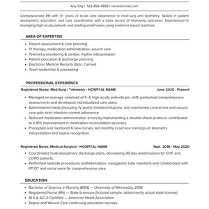 May include: A professional resume for Taylor Morgan, a Registered Nurse. The document lists experience, skills, and education, including patient care, telemetry, and medical records. The resume is black and white with a clean layout.