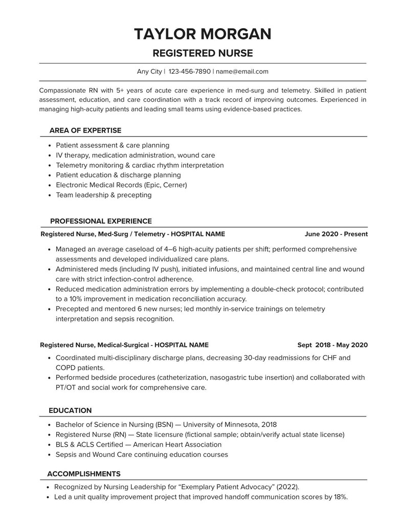 May include: A professional resume for Taylor Morgan, a Registered Nurse. The document lists experience, skills, and education, including patient care, telemetry, and medical records. The resume is black and white with a clean layout.
