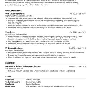 May include: A resume for Jonathan Brooks, a tech professional. The resume lists work experience as a Web Developer Intern, Data Intern, and IT Support Assistant. It also includes education, skills, and a certificate.