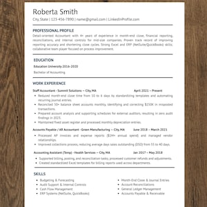May include: A resume for Roberta Smith, detailing her accounting experience. The document includes her contact information, professional profile, education, work experience, and skills. The resume is printed on white paper with a wooden background.