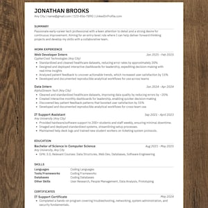 May include: A resume for Jonathan Brooks, detailing work experience as a Web Developer Intern and Data Intern. It also lists IT support experience, education in Computer Science, skills, and certifications. The document is on a white background.
