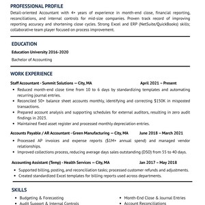 May include: A resume for Roberta Smith, an accountant with experience in financial reporting and reconciliation. The resume lists her professional profile, education, work experience, and skills, including ERP systems and account reconciliations.