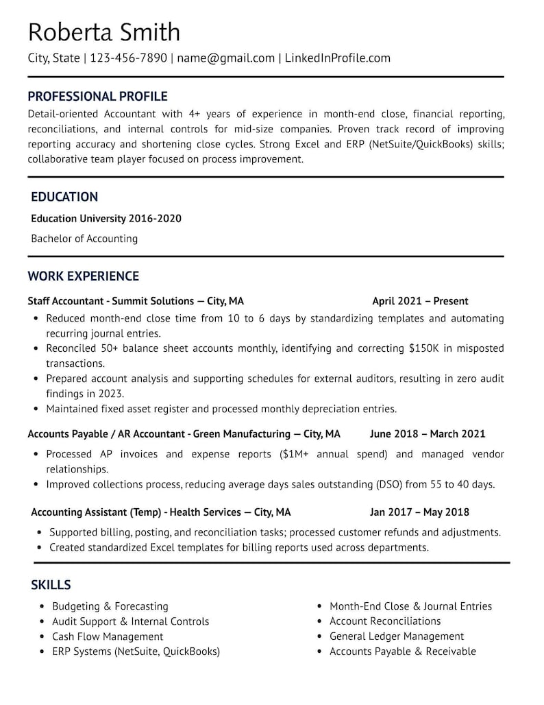 May include: A resume for Roberta Smith, an accountant with experience in financial reporting and reconciliation. The resume lists her professional profile, education, work experience, and skills, including ERP systems and account reconciliations.