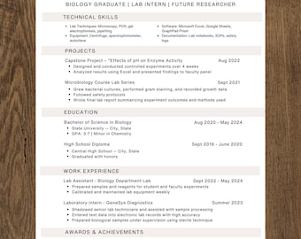 May include: A resume for Alyssa Williams, a Biology Graduate and Lab Intern. The document lists technical skills, projects, education, work experience, and awards. Key skills include microscopy, PCR, and Excel. The resume is on a white background with black text.