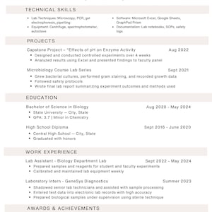 May include: A resume for Alyssa Williams, a biology graduate and lab intern. The document lists technical skills, projects, education, work experience, and awards. The resume includes details on lab techniques, software proficiency, and academic achievements.