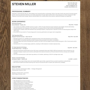 May include: A professional resume for Steven Miller, featuring a summary of his experience in technology, finance, and retail. The resume highlights his work experience, education, and core competencies, with contact information at the top.