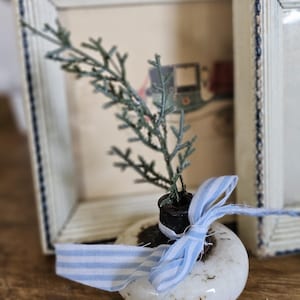 1800s porcelain door knob upcycled with little greenery and nautical cottage fabric bow