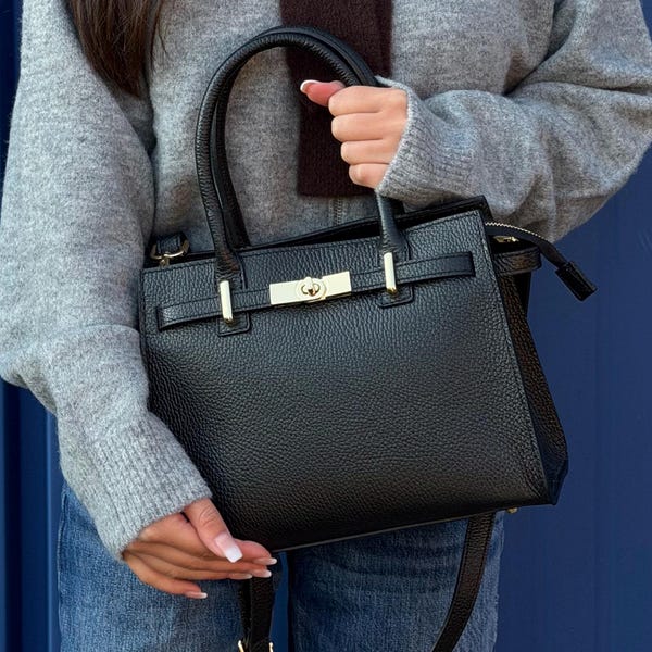 Bolso de piel auténtica de Togo hecho a mano, bolso de piel auténtica de Togo, hecho en Italia, con bandolera y accesorios dorados.