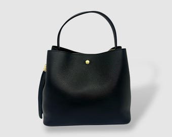 Genuine Leather Bucket Bag – Handmade Genuine Leather Bucket Bag, Made in Italy, Light Gold Hardware, Italian Leather Purse