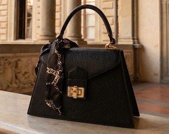 Black Italian Leather Tote Bag Handmade in Florence – Black Italian Leather Tote Bag Handmade in Florence with Top Handle and Scarf