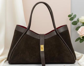 Tasche aus echtem Wildleder mit Details aus gehämmertem Leder, handgefertigt, Made in Italy aus echtem Wildleder, Wildleder-Einkaufstasche