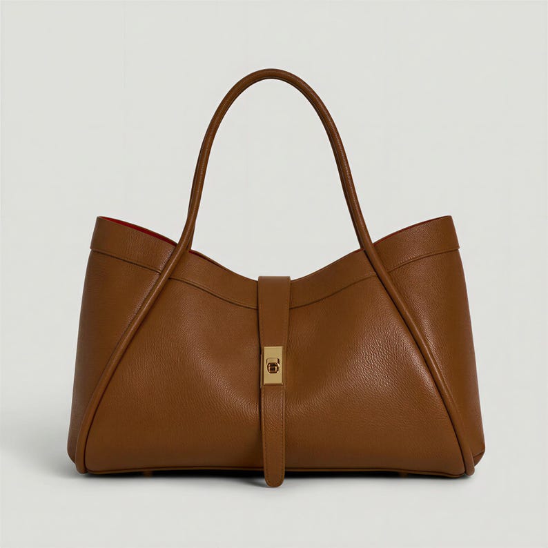 K&ouml;nnte beinhalten: Eine braune Ledertasche mit rotem Innenfutter. Die Tasche hat einen geschwungenen oberen Rand, einen langen Griff und einen Riemenverschluss mit goldfarbener Schnalle. Die Tasche hat eine strukturierte Form.