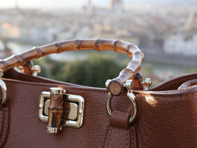 May include: A brown leather handbag featuring a curved bamboo handle and a rectangular bamboo turn-lock closure. The bag is accented with polished silver-tone metal hardware, including circular rings that connect the handle to the textured leather body.