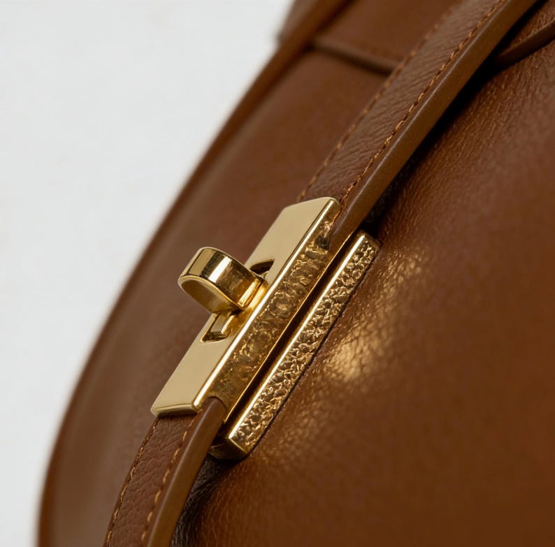 K&ouml;nnte beinhalten: Nahaufnahme einer braunen Ledertasche mit einem goldfarbenen Verschluss. Der Verschluss ist rechteckig mit einem gebogenen Hebel und einem strukturierten Dekorationselement. Der Lederriemen ist gen&auml;ht und hat einen passenden Braunton.