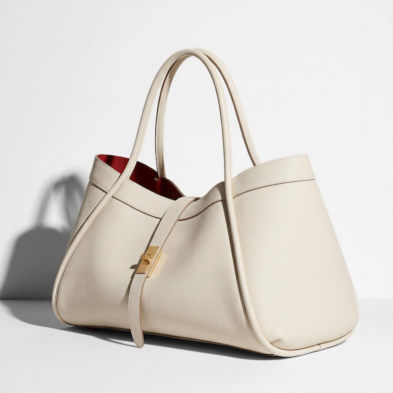 K&ouml;nnte beinhalten: Cremefarbene Ledertasche mit rotem Innenraum. Die Tasche hat zwei lange Griffe und einen Riemen mit goldfarbenem Verschluss. Die Tasche steht vor einem wei&szlig;en Hintergrund.