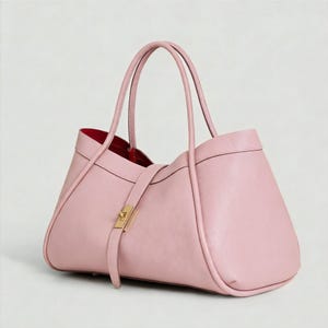 K&ouml;nnte beinhalten: Eine hellrosa Ledertasche mit strukturiertem Design. Die Tasche hat zwei lange Griffe, einen goldfarbenen Verschluss und ein rotes Innenfutter. Die Tasche hat einen Riemen, der mit einem goldfarbenen Verschluss befestigt wird.