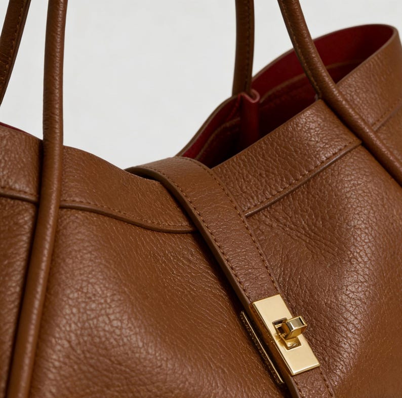 K&ouml;nnte beinhalten: Nahaufnahme einer braunen Ledertasche mit goldenem Verschluss. Die Tasche hat eine strukturierte Oberfl&auml;che und ein rotes Innenfutter. Die Griffe sind oben sichtbar, und ein Riemen mit Schnalle sichert die Tasche.