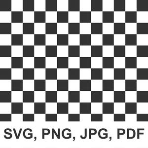May include: A black and white checkered pattern fills the frame. The design consists of evenly sized squares, alternating between black and white. The text "SVG, PNG, JPG, PDF" is at the bottom of the image.