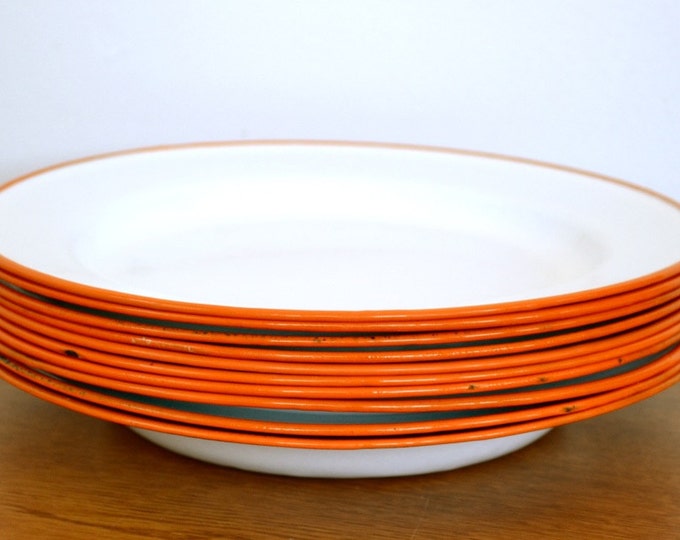Enamel Plates and Bowls Set of 10 White With Orange Trim Etsy