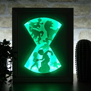 May include: A framed, illuminated artwork featuring silhouettes of characters in a green glow. The design is shaped like an hourglass, with figures from a cartoon series. The frame is white, and the background is a brick wall.