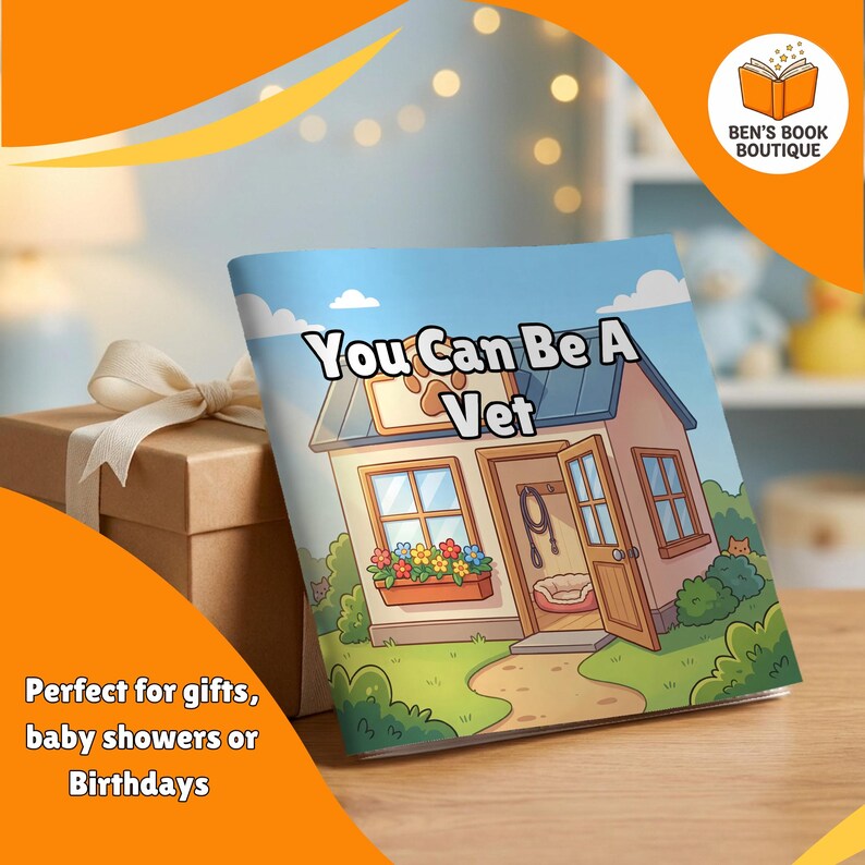 'You Can Be A Vet' personalised book beside a wrapped gift box with a ribbon