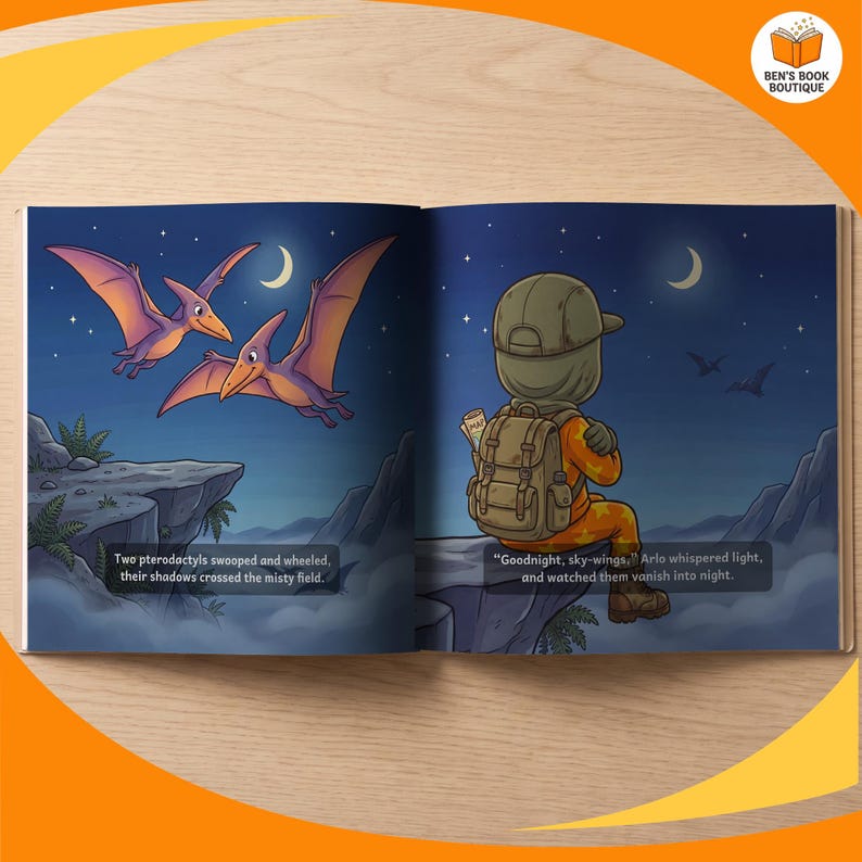 An open spread showing the artwork and story text of Goodnight Dinosaurs