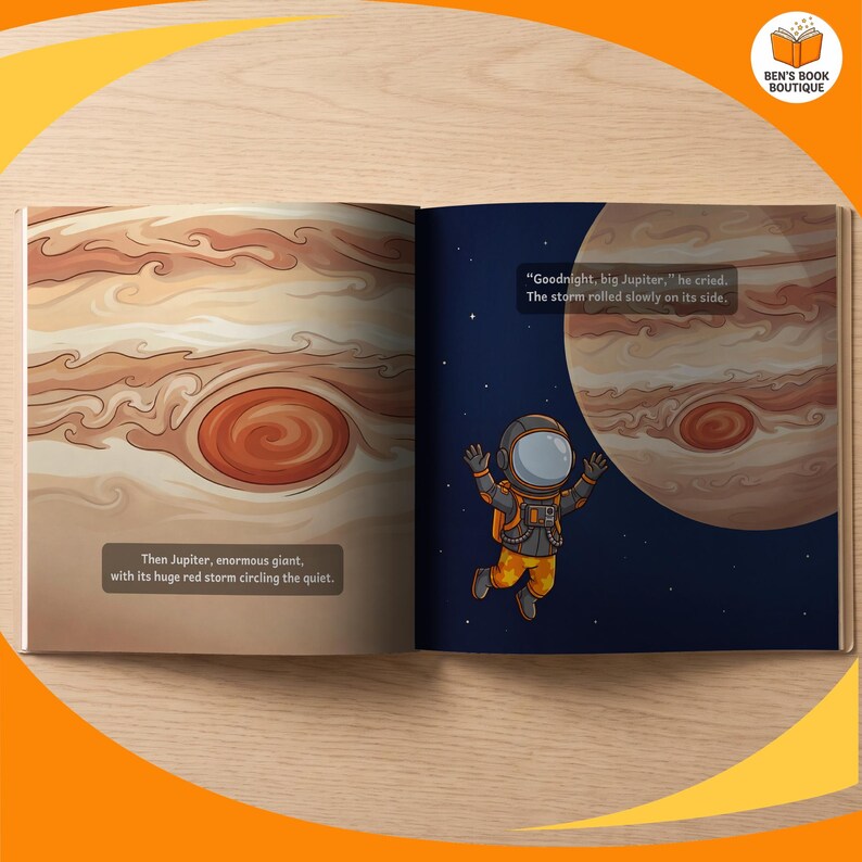 An open spread showing the artwork and story text of Goodnight Planets